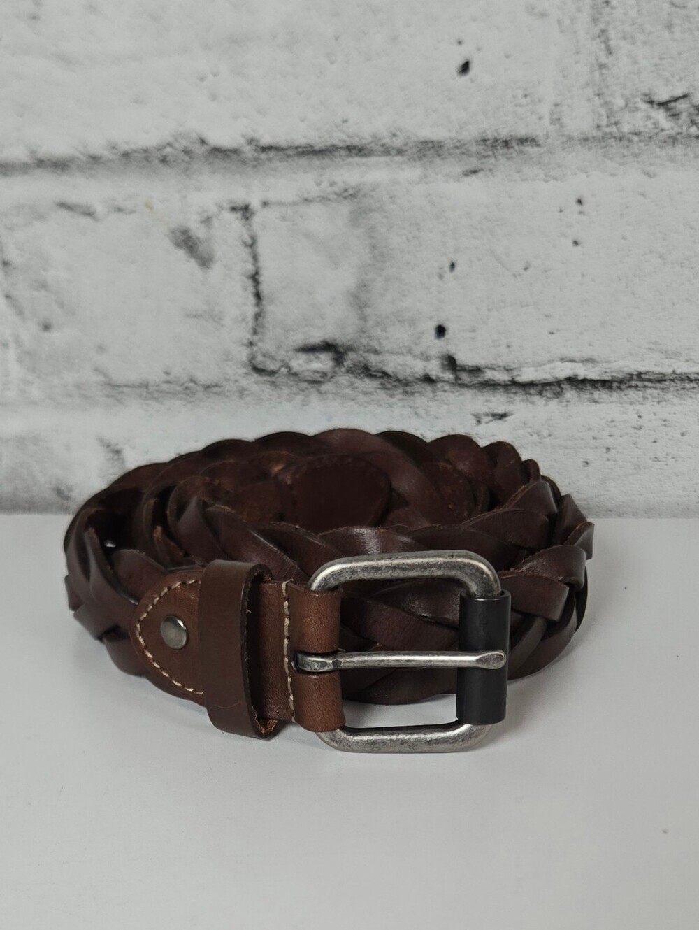 BKE Genuine Leather Braided Belt Brown Woven Boho Size 40